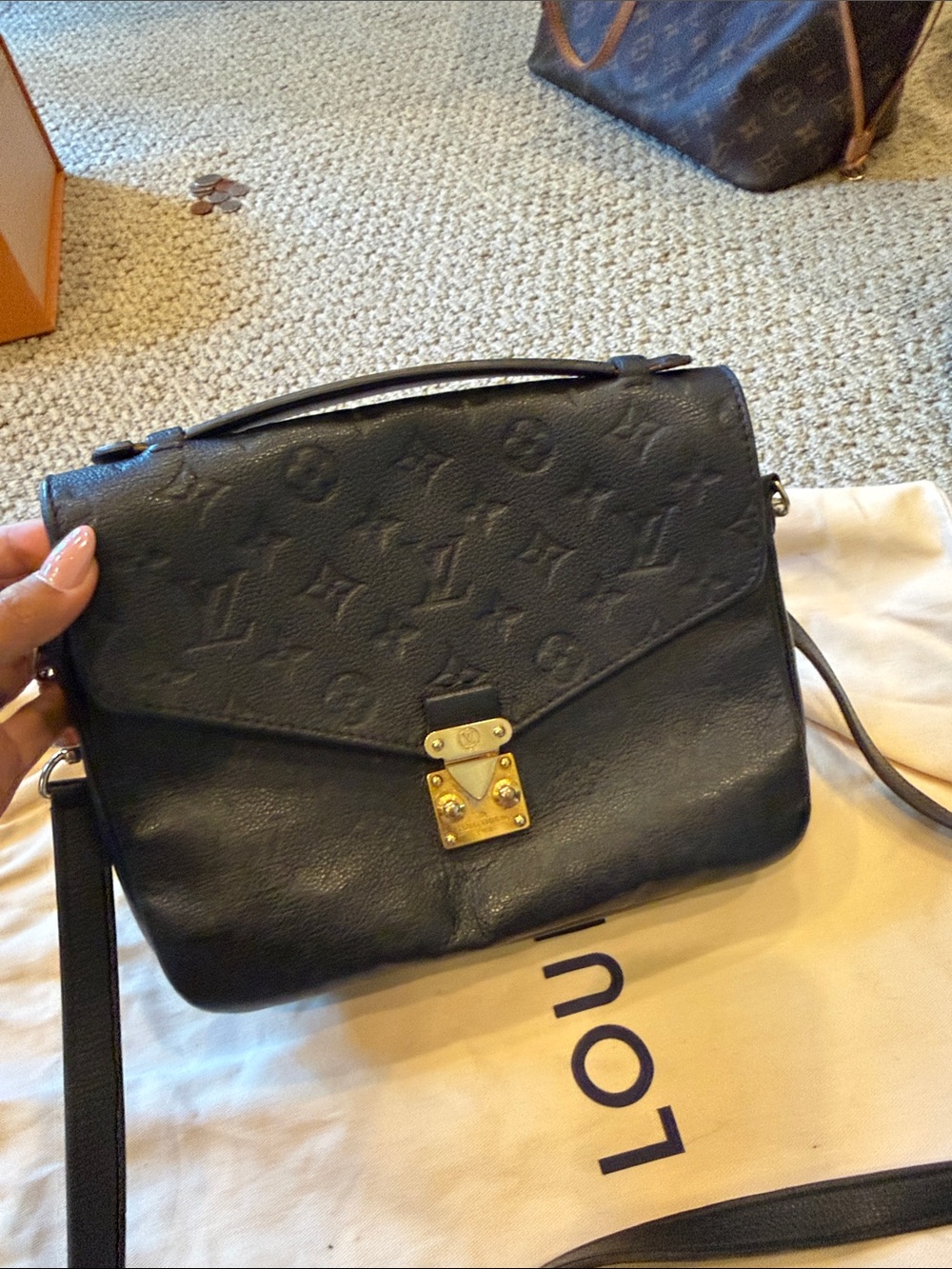 Louis Vuitton Black Monogram-Embossed Satchel with Gold Hardware